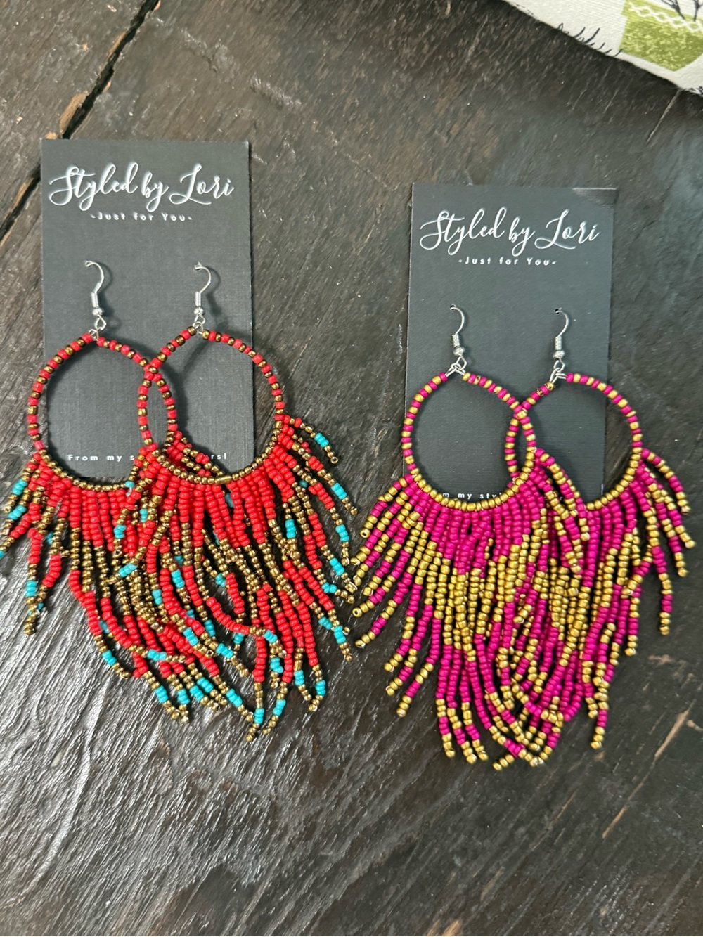Styled by Lori Beaded Fringe Hoop Earrings Set - Red & Turquoise / Pink & Gold